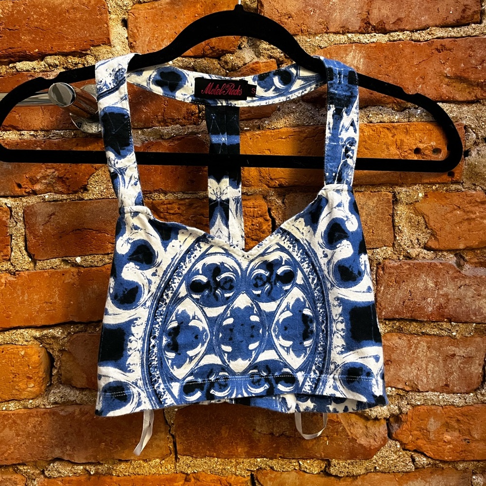 Motel Rock Blue and White Print Crop Top Back Box Cutout | SMALL